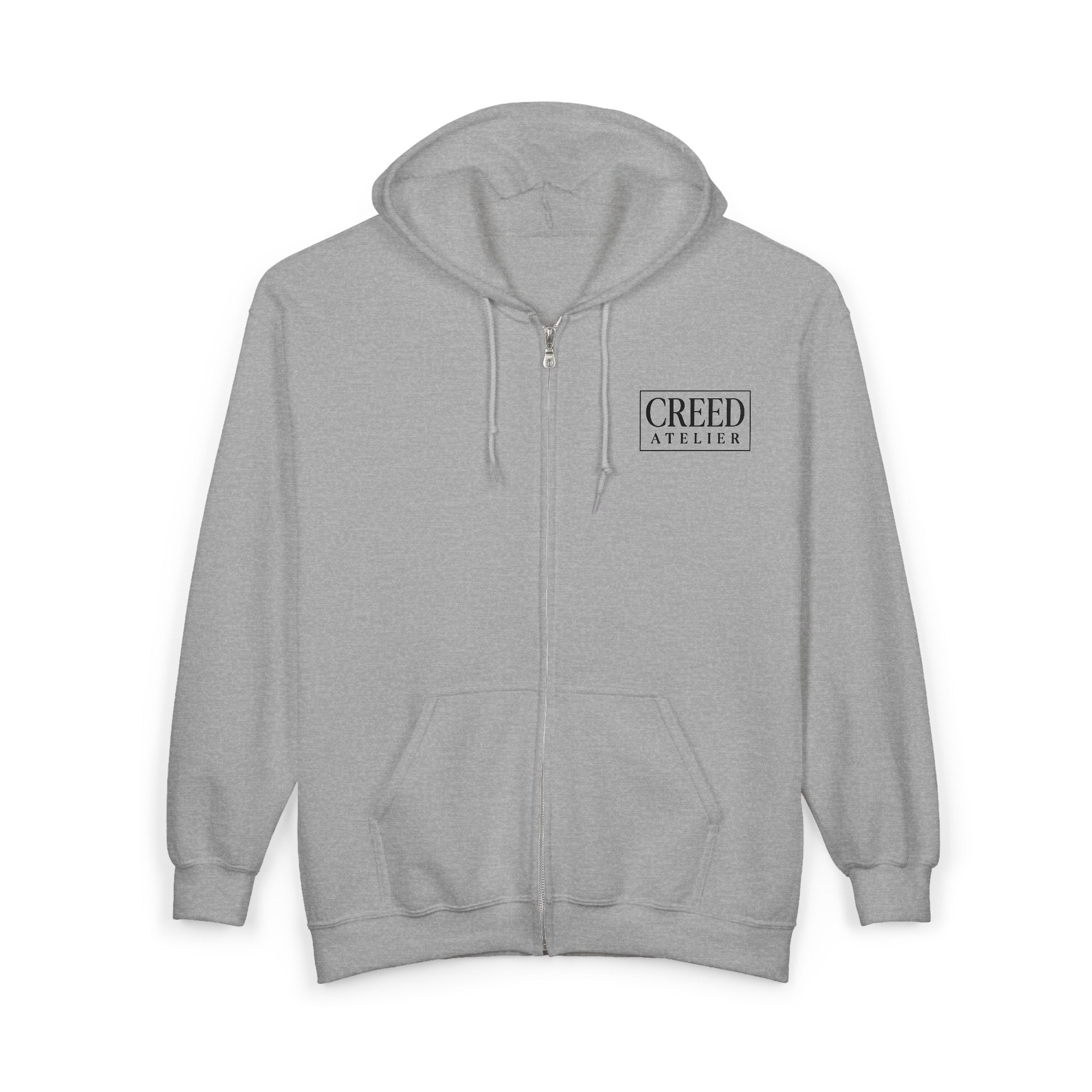 Creed Atelier Zip Hoodie — Minimal Logo & Lips Graphic Full-Zip Sweatshirt