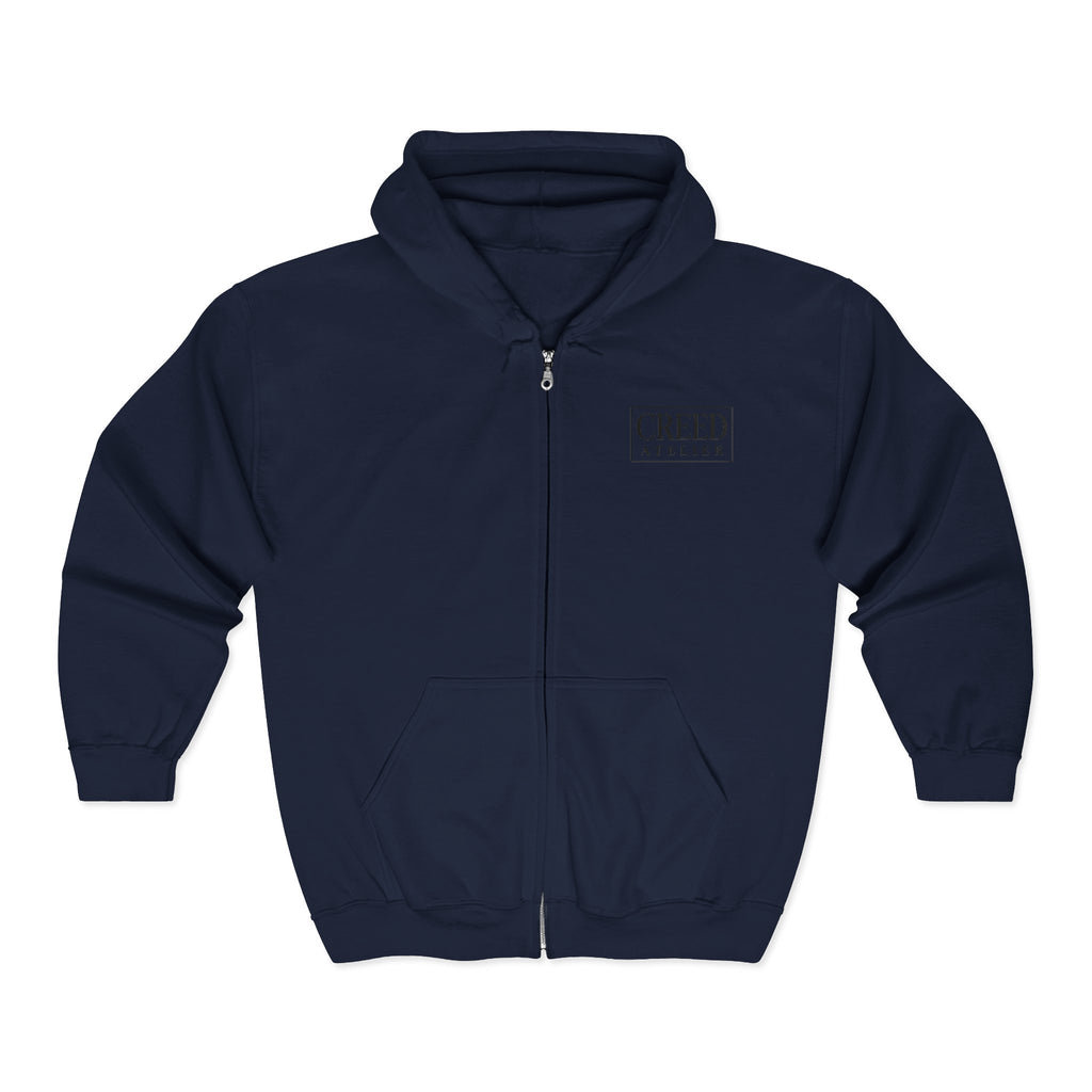 Creed Atelier Zip Hoodie — Minimal Logo & Lips Graphic Full-Zip Sweatshirt