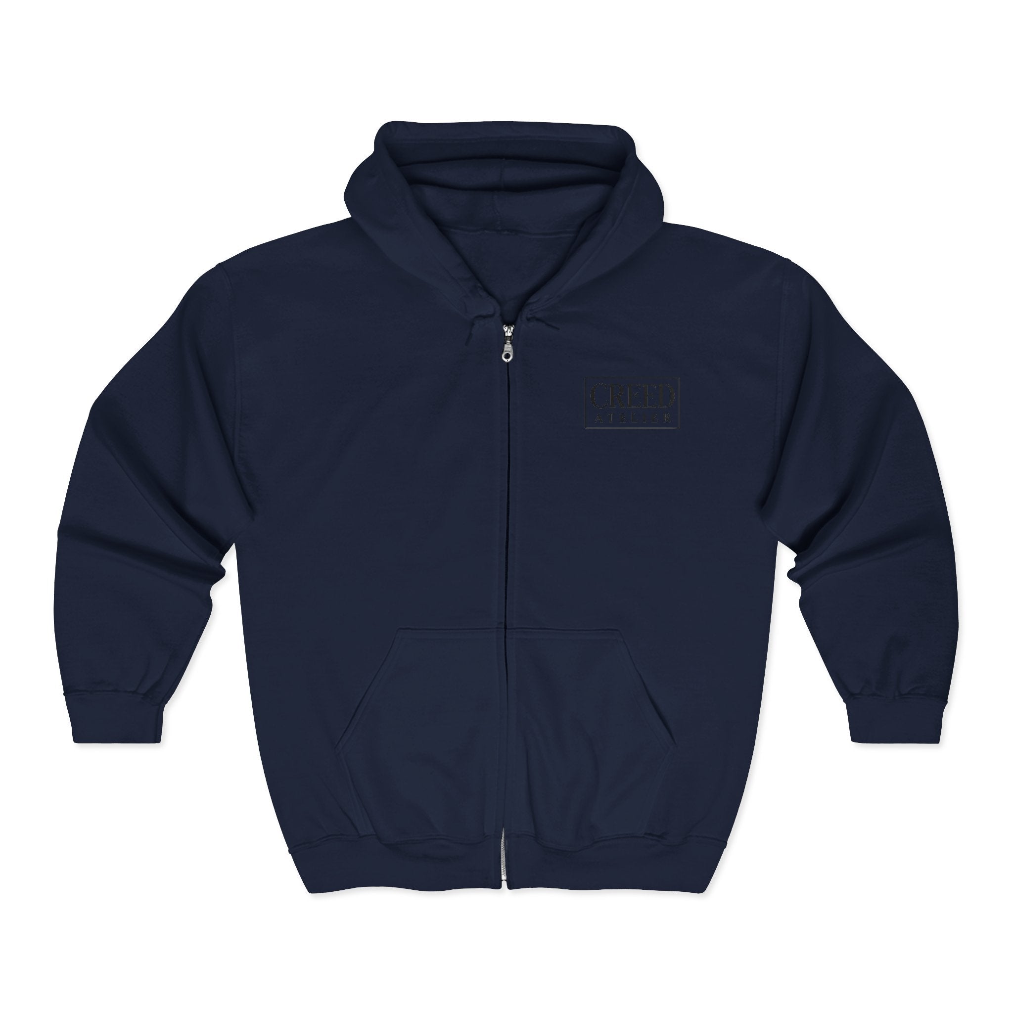 Creed Atelier Zip Hoodie — Minimal Logo & Lips Graphic Full-Zip Sweatshirt