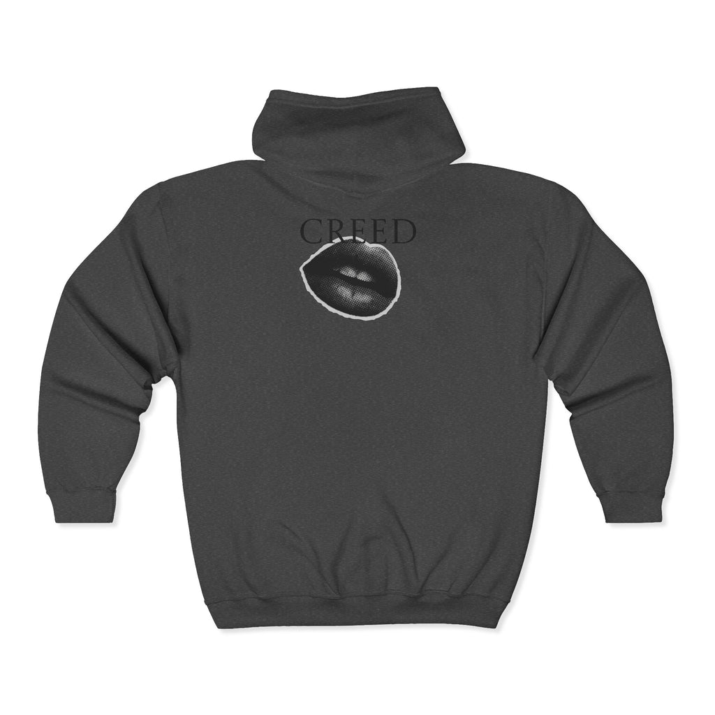 Creed Atelier Zip Hoodie — Minimal Logo & Lips Graphic Full-Zip Sweatshirt