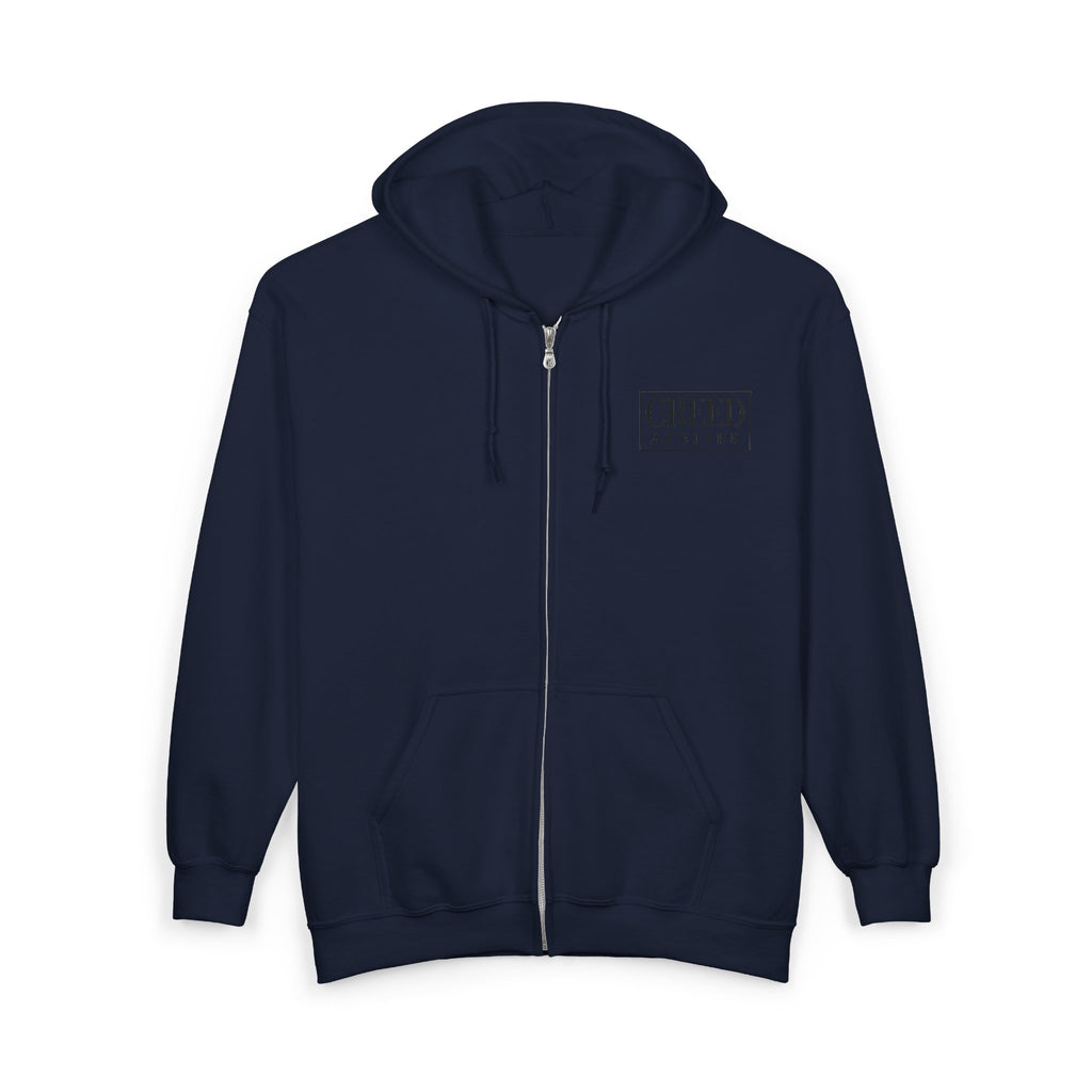 Creed Atelier Zip Hoodie — Minimal Logo & Lips Graphic Full-Zip Sweatshirt