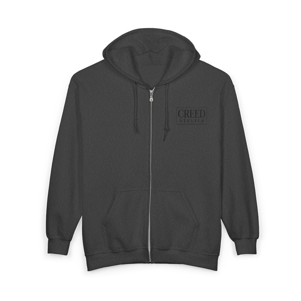 Creed Atelier Zip Hoodie — Minimal Logo & Lips Graphic Full-Zip Sweatshirt