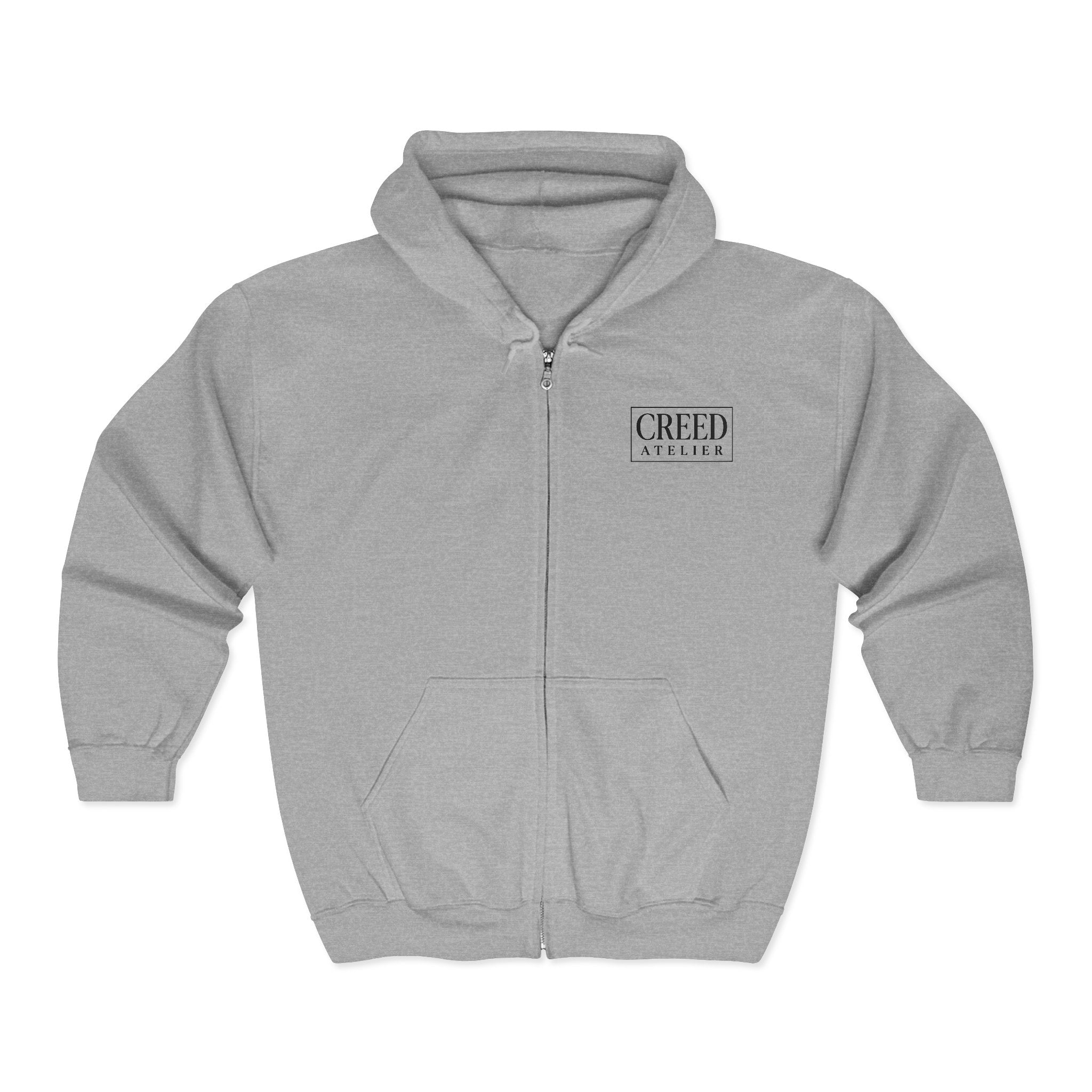 Creed Atelier Zip Hoodie — Minimal Logo & Lips Graphic Full-Zip Sweatshirt