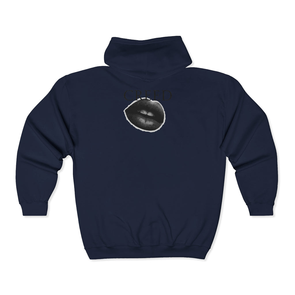 Creed Atelier Zip Hoodie — Minimal Logo & Lips Graphic Full-Zip Sweatshirt