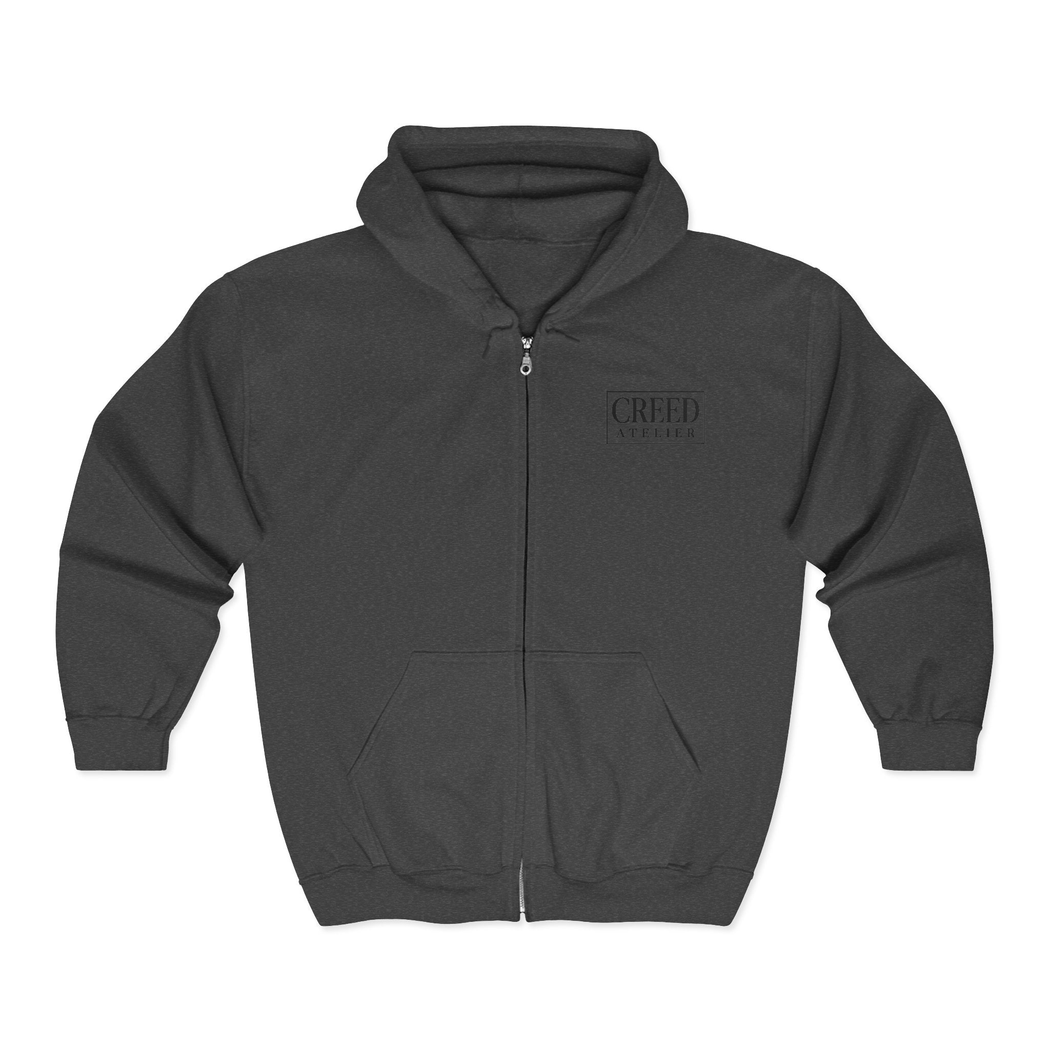 Creed Atelier Zip Hoodie — Minimal Logo & Lips Graphic Full-Zip Sweatshirt